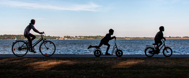 Drei Kinder fahren mit Fahrrädern auf einem Weg